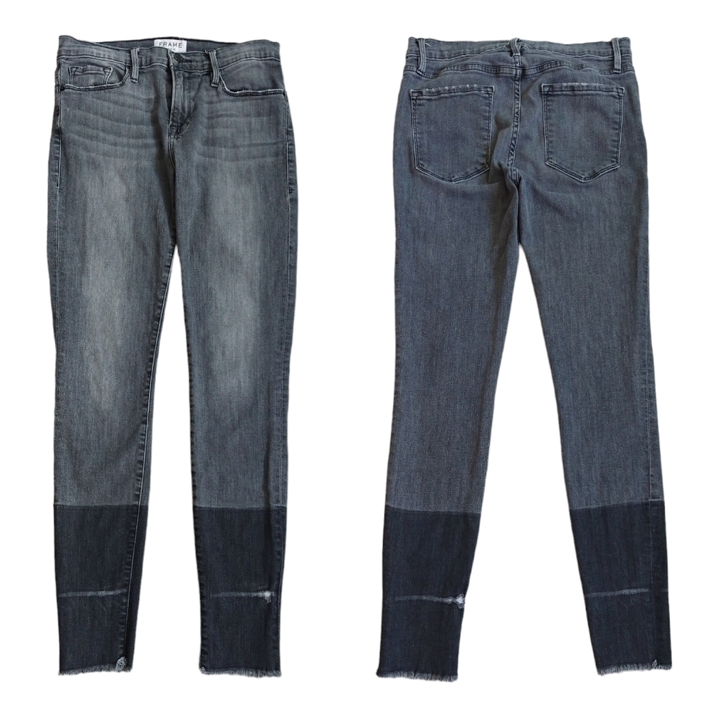Frame Le Skinny De Jeanne Gray Black Two Tone Jeans Gotham Wash Raw Hem